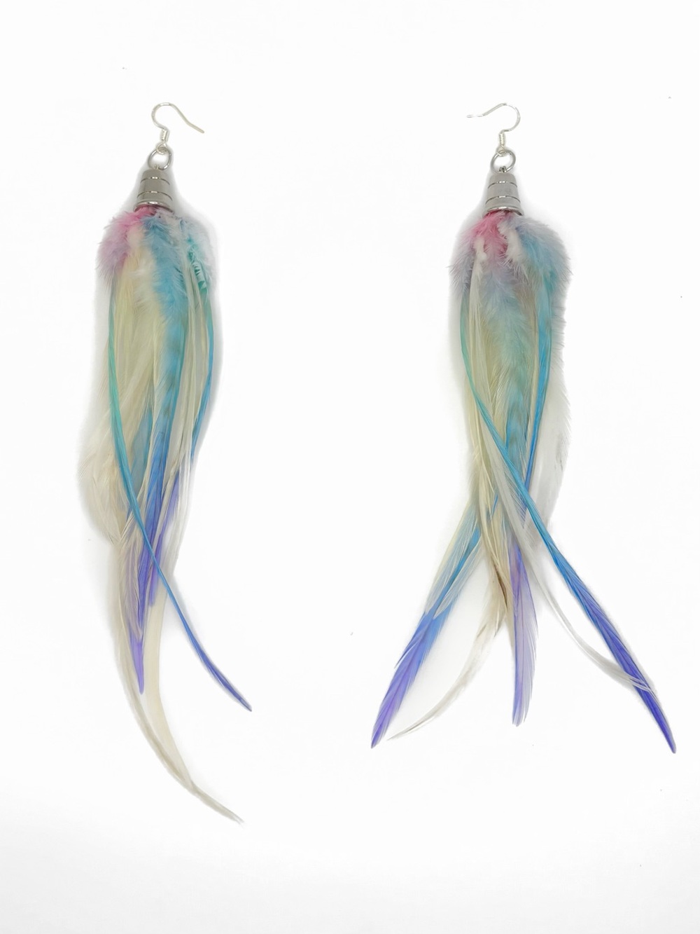 Long Feather Dangle Earrings in Pastel Rainbow, cotton candy blue, purple, pink